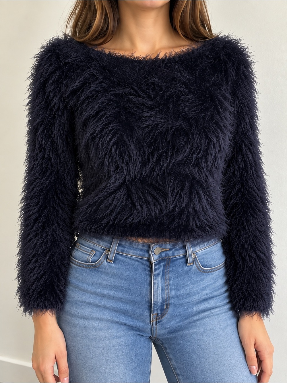 525 America Navy Fuzzy Eyelash Knit Cropped Sweater Long Sleeve Size L